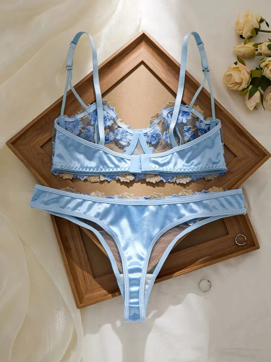 Romantic Fairy Floral Embroidery Lingerie Set Sheer Mesh Longline Bra Panty Set Women Sexy See‑Through Mesh Intimate Sleepwear