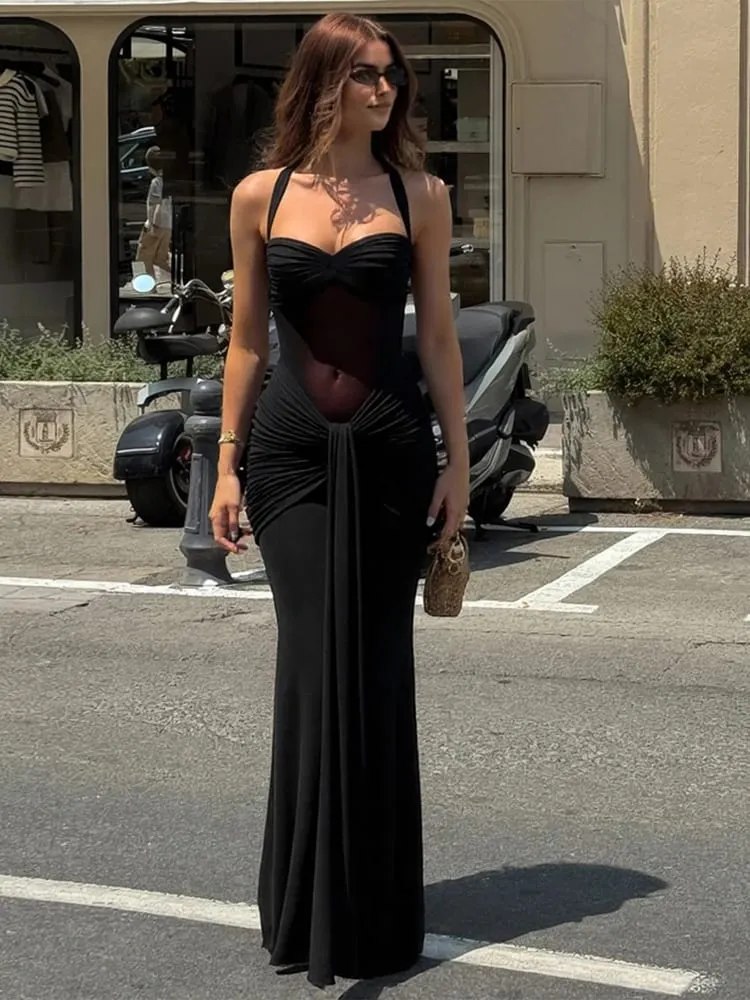 Nibber ホルターメッシュパッチワークドレス女性の夏のトレンドオフショルダーバックレスシャーリングリボンミッドナイトプロムパーティーヒップスター Vestidos