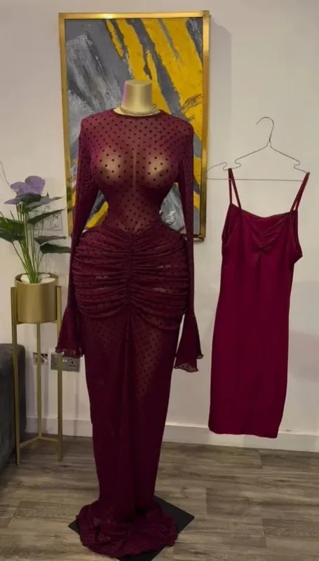 CM.YAYA 2025 Women Long Sleeve Ruched Mesh See Though with Lining Bodycon Long Dress Fall Evening Birthday Sexy Party Dresses