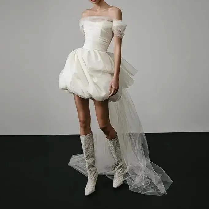 Nuevos Vestidos de novia ligeros y elegantes para mujer, minivestido nupcial blanco Sexy con cola de malla, Vestidos de fiesta de lujo para novia