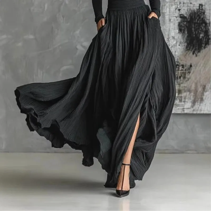 France Elegantes zweiteiliges Rock-Set für Damen, Taschen, solide, minimalistisch, geteilter Saum, plissiert, A-Linie, Vintage-Rollkragen, schmale Anzüge — image 6