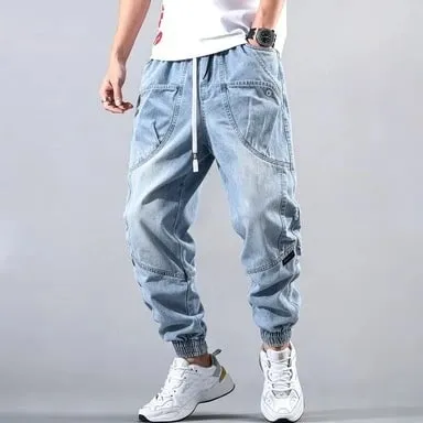 Street Elastic Jeans Men Denim Cargo Pants Wash Solid Color Multi Pockets Casual Mid Waist Trousers Daily Wear Joggers — image 2