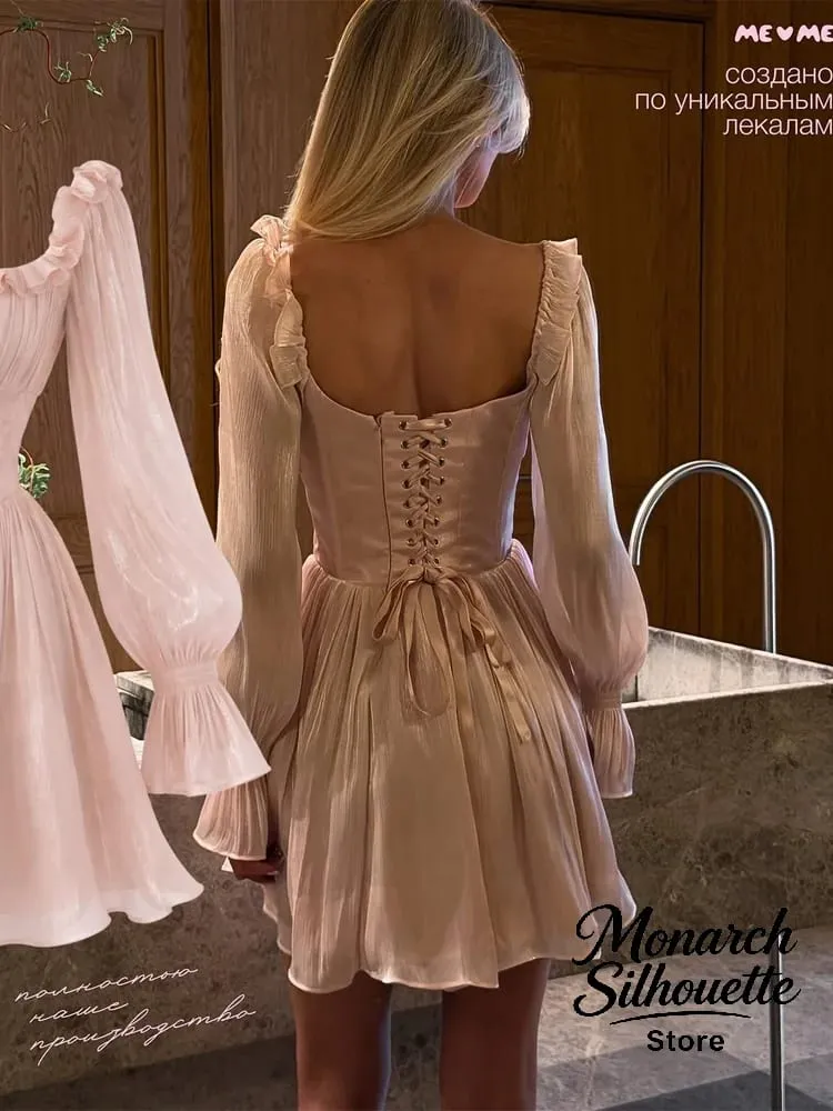 Elegancka kwadratowa sukienka z kołnierzykiem, wykończona frędzlami, damska szykowna, solidna, pełna rękawy, wyszczuplająca talia krótkie sukienki Lady seksowna szata uliczna nowość