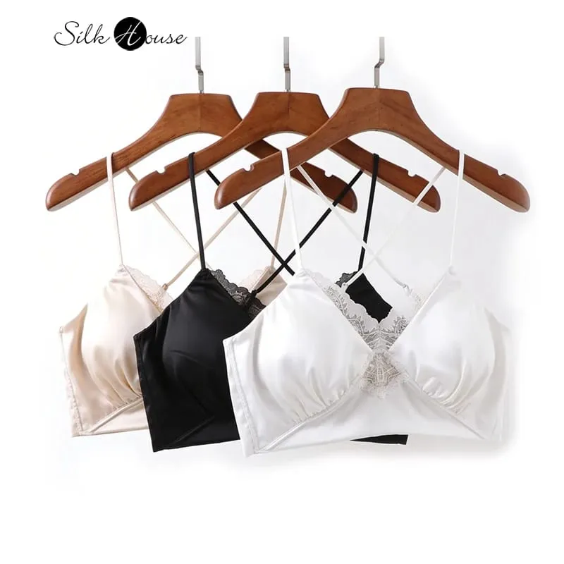 19MM Natural Mulberry Silk Satin Thin Bra Adjustable Cross Straps Beautiful Back Without Steel Ring Female Sexy Underwear Set — image 1