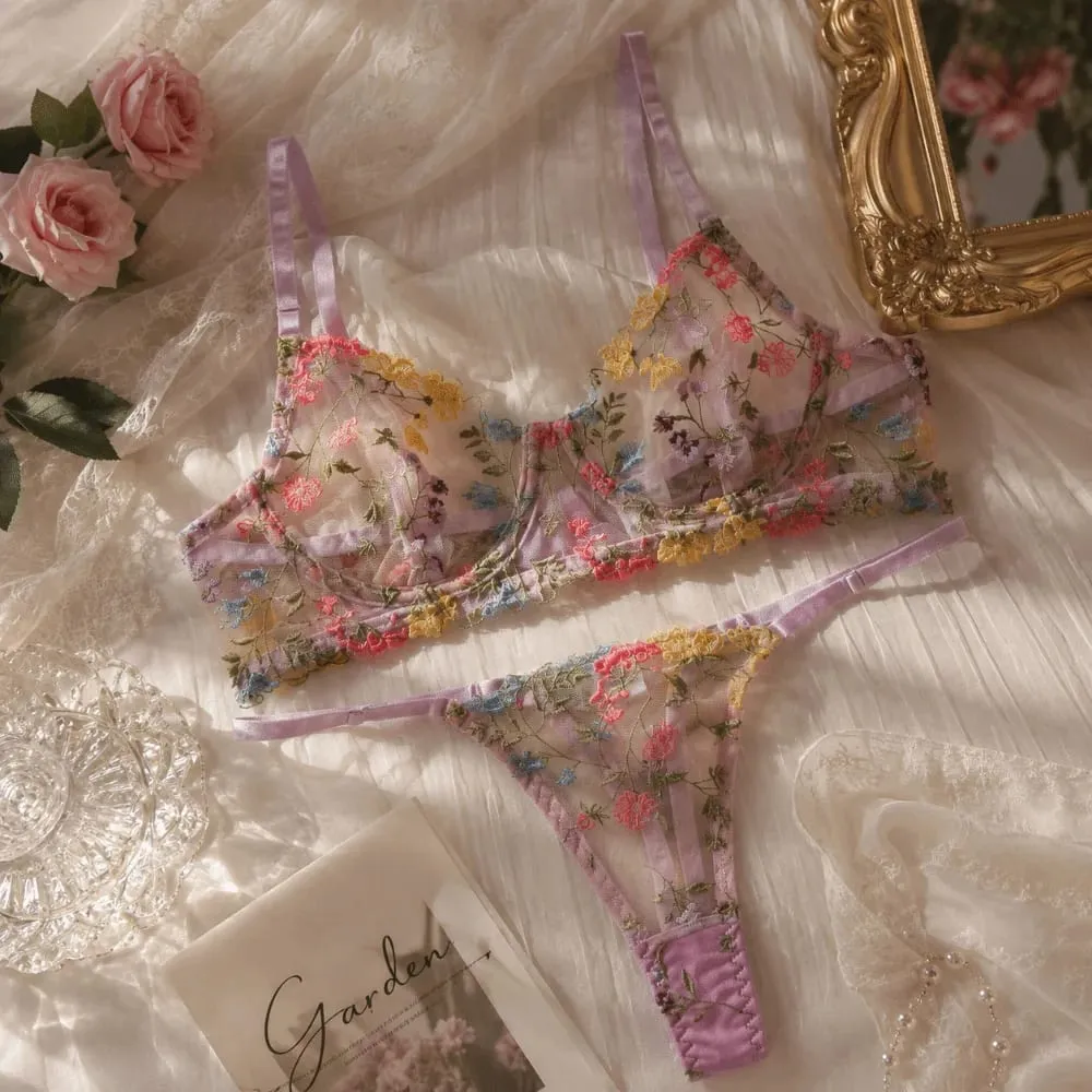 Bohemia Transparent Lingerie Set Ultra-thin Push Up Panties Bra Set Elegant Embroidery Floral Underwear Girl