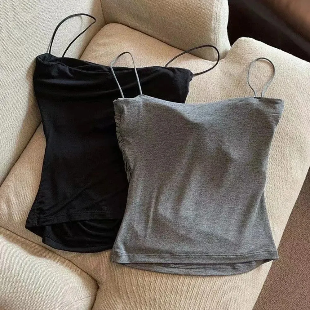 Y2K Streetwear Women Spaghetti Strap Crop Top With Bra Bodycon Sleeveless Cami Tube Top Basic Camisole Tees Korean Women Clothes