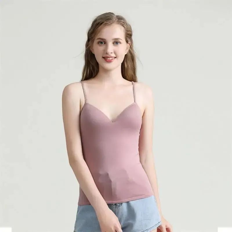 New Adjustable Padded Bra Tank Top Women Modal Spaghetti Solid Cami Top Vest Female Camisole With Built In Bra Fitness Clothing