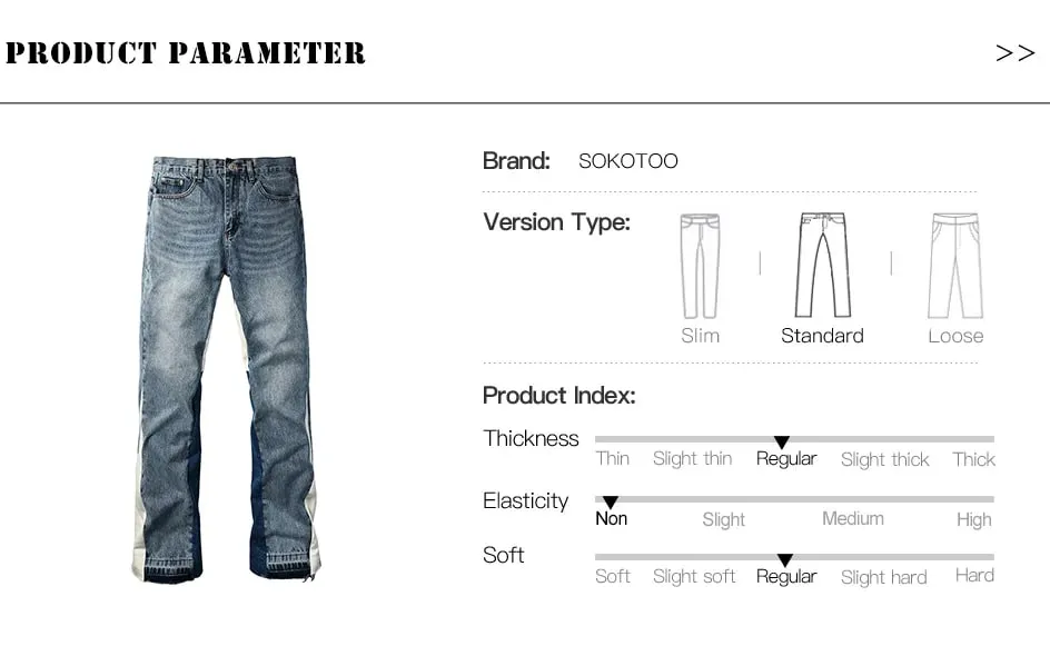 Men Spliced Flared Denim Jeans Patchwork Boot Cut Pants Streetwear Contrast Color Released Hem Blue Trousers