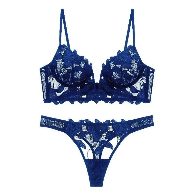 Frauen Rot Floral Spitze Dessous Set Sheer Bügel Dünnen Bh Passenden Tanga Höschen Sexy Hohl Dessous