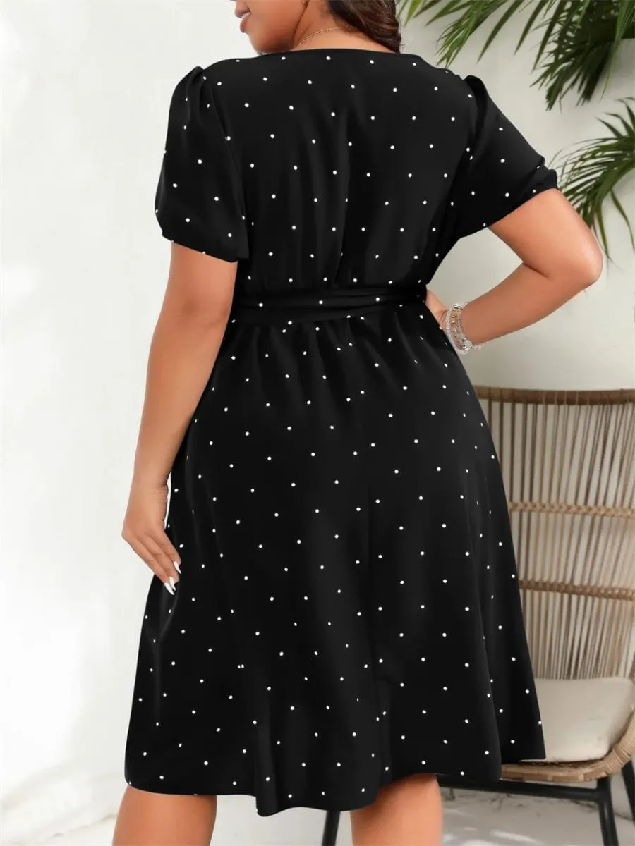 Plus Size Square Neck Polka Dot Bæltekjole Dame Elegant Retro Pufærmer Højtalje Sommer A-line Big Swing Kjoler