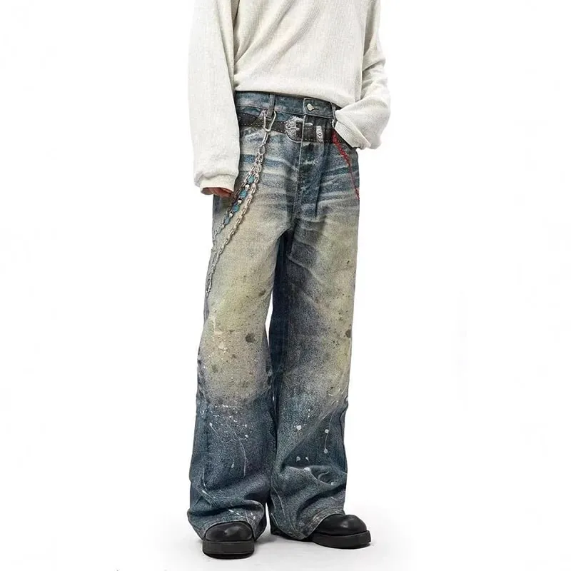 Niche Design Men's Denim Pants Chain Printing Contrast Color Splash-ink Casual Wide Leg Vintage Loose Male Jeans 9W4170