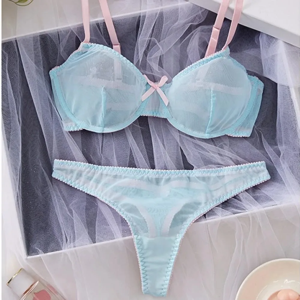 Blue Mesh Patchwork Splicing Thin Strap Strappy Semi Sheer Lightweight Lace Sexy Underwear Apparel Women Bra Briefs Lingerie Set