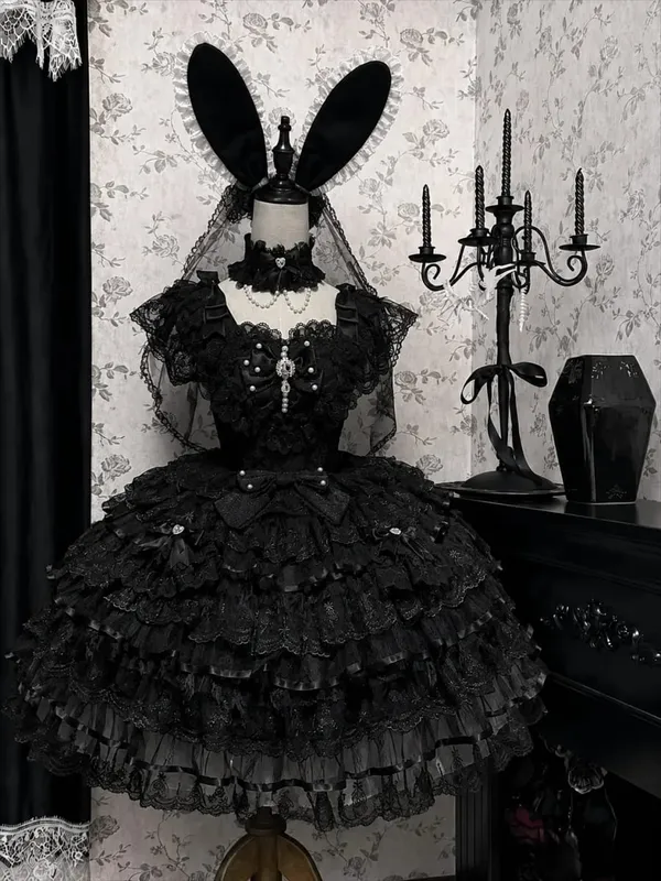 Y2K Sweet Lolita Jks Strap Dress Women Solid Ruffle Lace Bow Patchwork Kawaii Princess Ball Gown Knee-Length Elegant Party — image 15