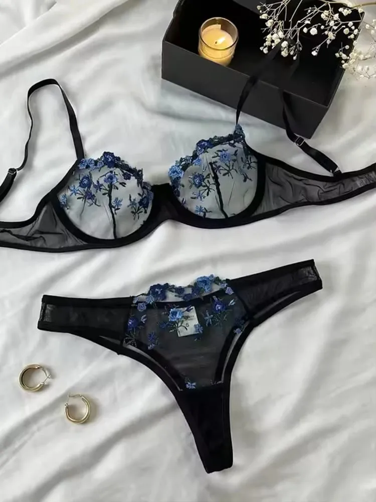 Erotic Embroidery Blue floral fragments Lace Babydoll Sensual Lingerie Bra Set For Women Underwear Intimate Sexi Panty Set 2024 — image 3