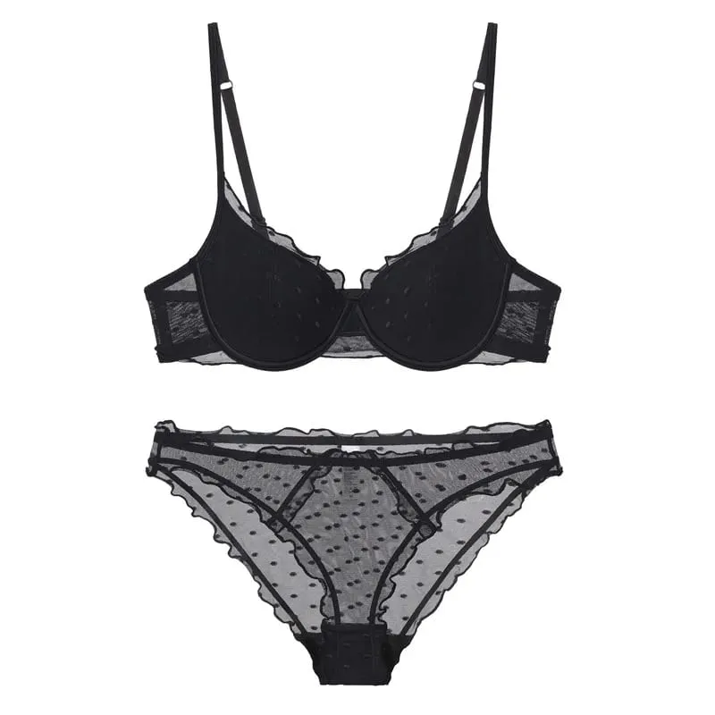 French Lace Polka Dot Bra Two-Piece Set Small Chest Gathering and Lifting Anti-Sagging Side Breast Collecting Lingerie Set