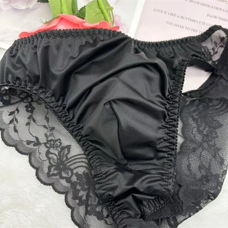 Cuecas sissy masculinas, cuecas de biquíni, lingerie com acabamento em renda, roupa íntima gay masculina crossdress, roupa íntima sexy para homens