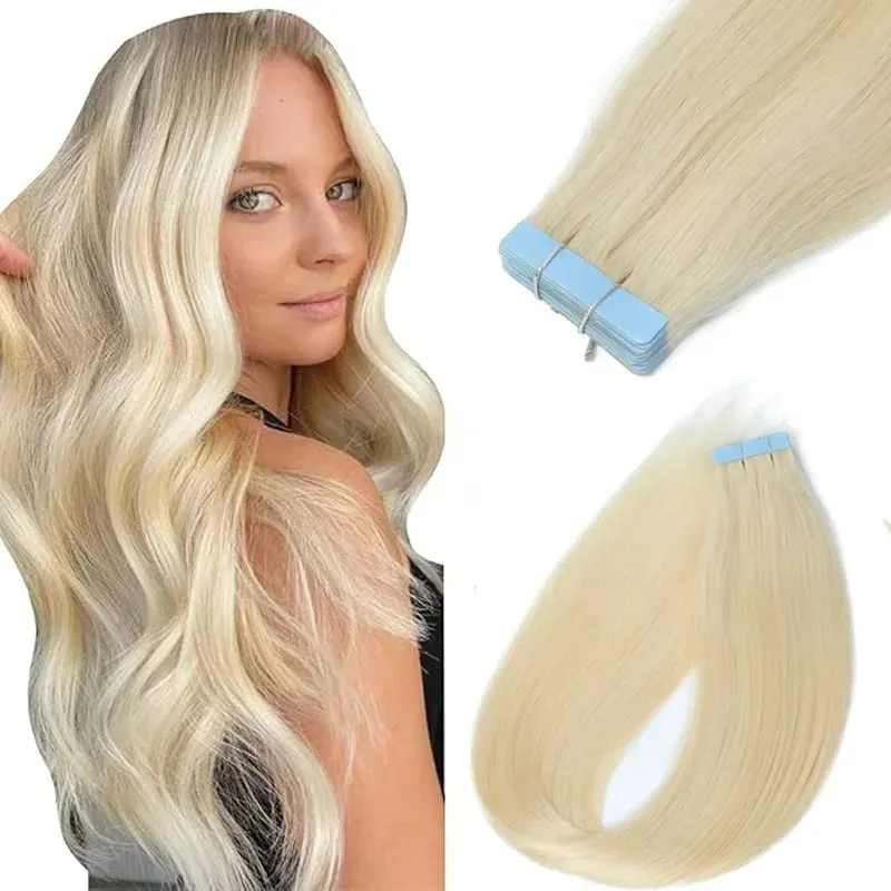 Cinta rubia en extensiones de cabello Cabello humano Platino #60 Cinta de trama de piel recta sin costuras en extensiones de cabello humano real 50G — image 1