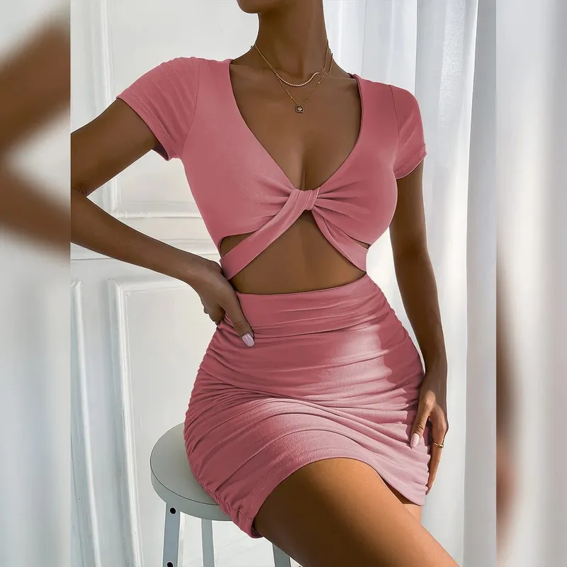 2022 sommer V-ausschnitt Aushöhlen Kreuz Bodycon Kleider frauen Solide Backless Geraffte Sexy Mini Kleid Y2k Party Club elegante Kleider