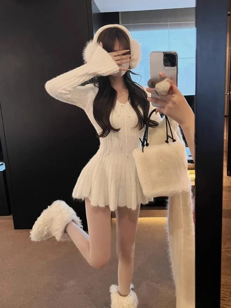 Sweet Knitted Sweater Dress Women Casual Long Sleeve Elegant French Y2k Mini Dress Even Party Spring Korean Fashion Dress Sets