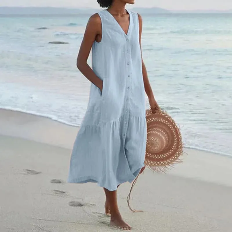 Summer Loose Casual Patchwork Cotton Linen Pocktes Dress V Neck Beach Style Dress Sleeveless Vintage Club Midi Solid Women Dress — image 8