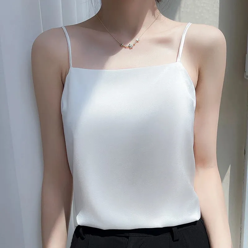 Silk Satin One-Shoulder Sexy Strap Vest Women's Sleeveless Suit Inner Wear Base Shirt Backless Commute Style Pure Color Summer