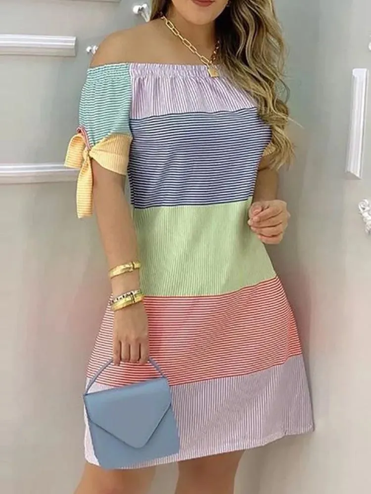 Women Off Shoulder Mini Dress Summer Sexy Short Sleeve Bow Tie Striped Floral Print Dresses Fashion Casual Loose Dress