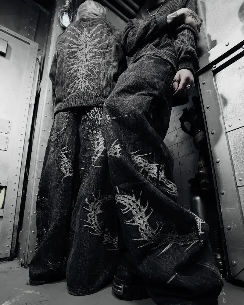 90s Gothic Centipede Embroidery Washed Oversized Wide-Leg Pants Jeans Men Y2K New Harajuku Punk Hip-Hop Rock Couple Street Wear