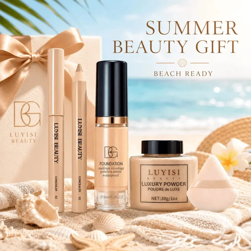 4pcs Facial Makeup Set:1PC Concealer Pen+1PC Foundation+1PC Loose Powder+1PC Puff Flawless Waterproof Long-Lasting Natural