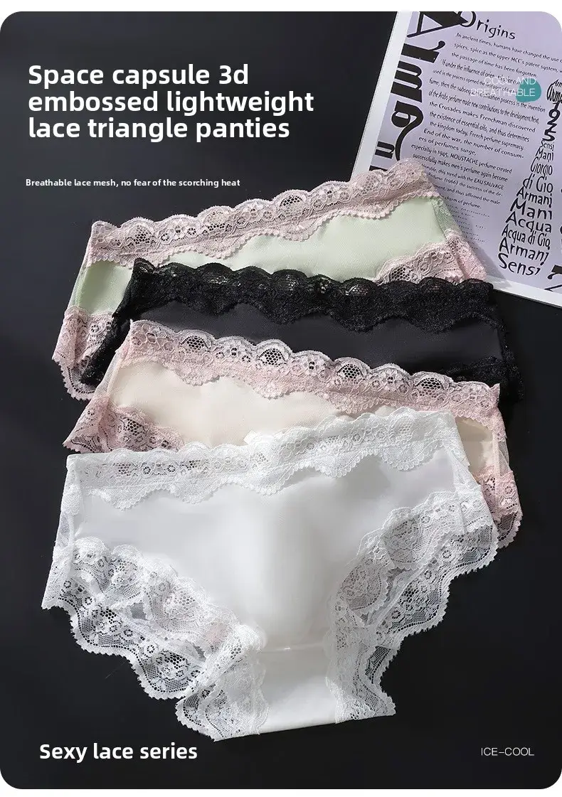 3 Pack Male Full Lace Side Briefs Ice Silk Satin 3D Molded Pouch Mid Rise Soft Smooth Men Underpants