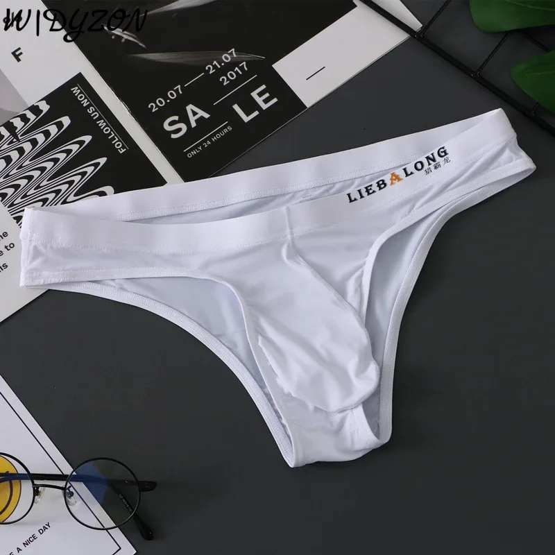 Slip homme Bikini sous-vêtements Sexy homme soie glacée pochette pénis Slip Cuecas Calzoncillos Hombre Slip Gay Lingerie solide homme
