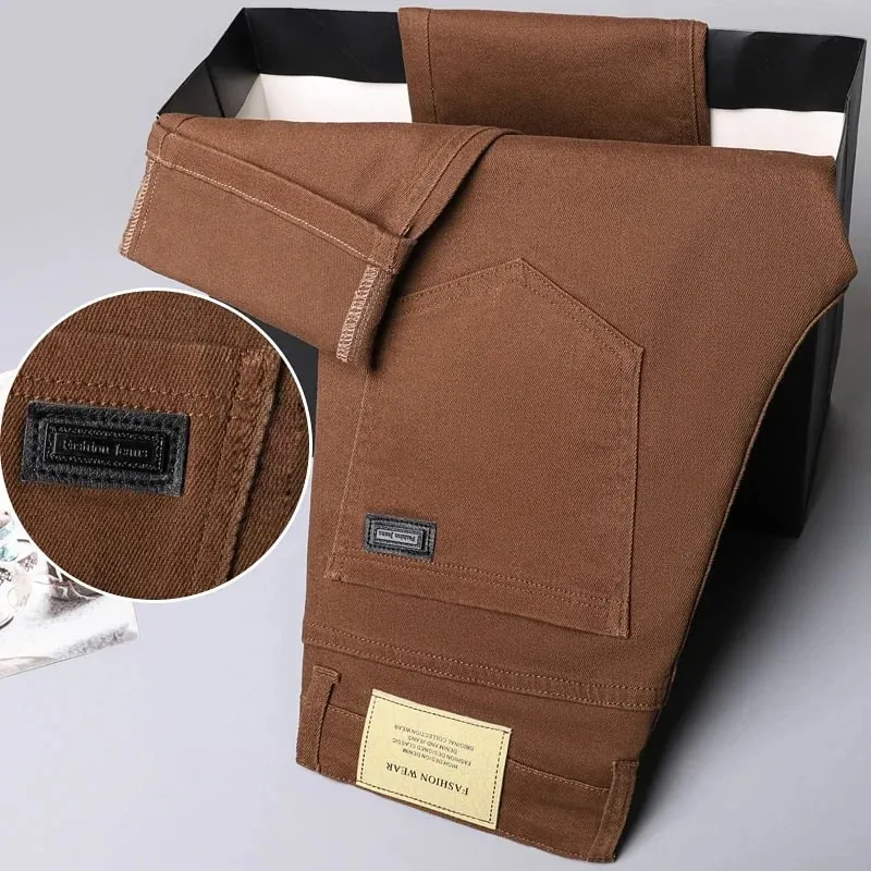 2025 Spring Autumn New Men's Clothing Slim Jeans Fashion Brown Business Casual Stretch Denim Pants Male Brand Trousers 28-44