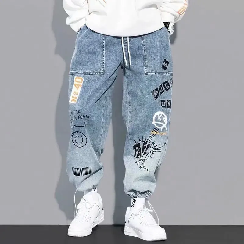 Korean Clothing Men Letter Printed Jeans High Waisted Baggy Jeans Cartoon Graffiti Hip-Hop Pants Blue Jeans