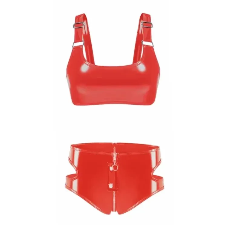 女性のウェットルック PVC フェイクレザーブラジャーランジェリーセットノンワイヤー裏地なし Bralette パンクジッパー股ブリーフクラブウェア新しい