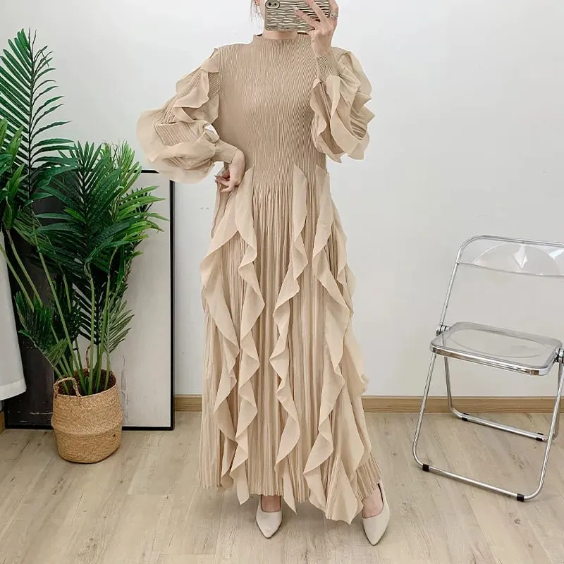 Fashion Ruffles Pleated Dress Women Round Neck Flare Sleeves Solid Maxi Belt Dresses Party 2025 Autumn New