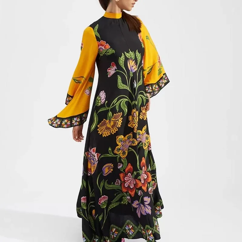 Ethnic ρετρό ανοιξιάτικο τύπωμα Boho μακρύ φόρεμα Γυναικείο σέξι όρθιο γιακά με κορδόνια φόρεμα φθινοπώρου μακρυμάνικο φαρδύ γυναικεία μάξι φορέματα