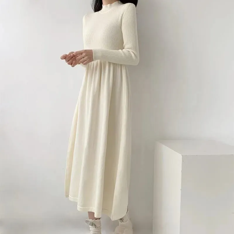 Autumn Winter Women Knitted Dress All-Match Simple Solid Half-High Collar Long Dresses Woman Korean Chic High Waist A-Line Dress