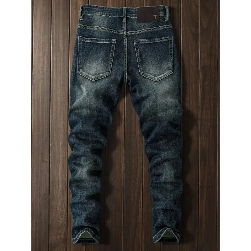 Autumn retro deep blue jeans men elastic and trendy versatile casual street fashion pants