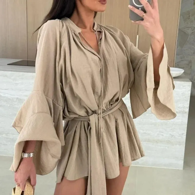 Xuân Hè Ren Rời Mini Váy Đầm Tay Loe Ngày Lễ Áo Cổ Chữ V Sâu Gợi Cảm Phối Ren Chắc Chắn Đầm Nữ vestidos
