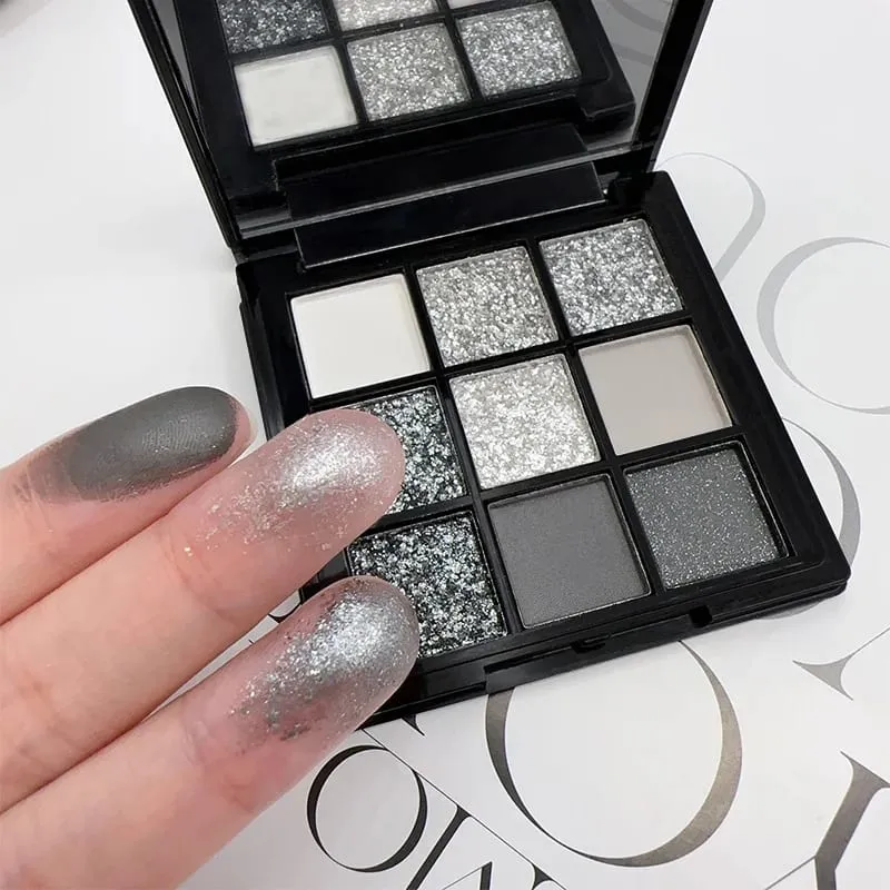 9 Colors Black Smoky Eyeshadow Palette with Holographic Glitter Sequins & Dual‑End Eyeshadow Brushes Halloween Party Makeup Kit