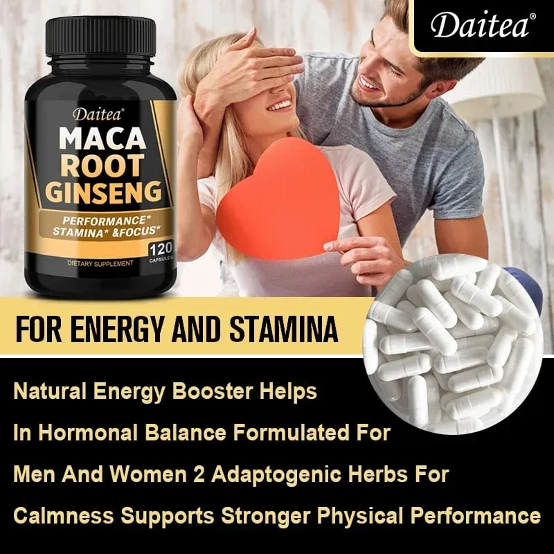 Vegan 11400mg (Yellow+Red+Black) Maca & Ginseng Root Extract - Muscle Energy & Strength Supplement - 120 Capsules