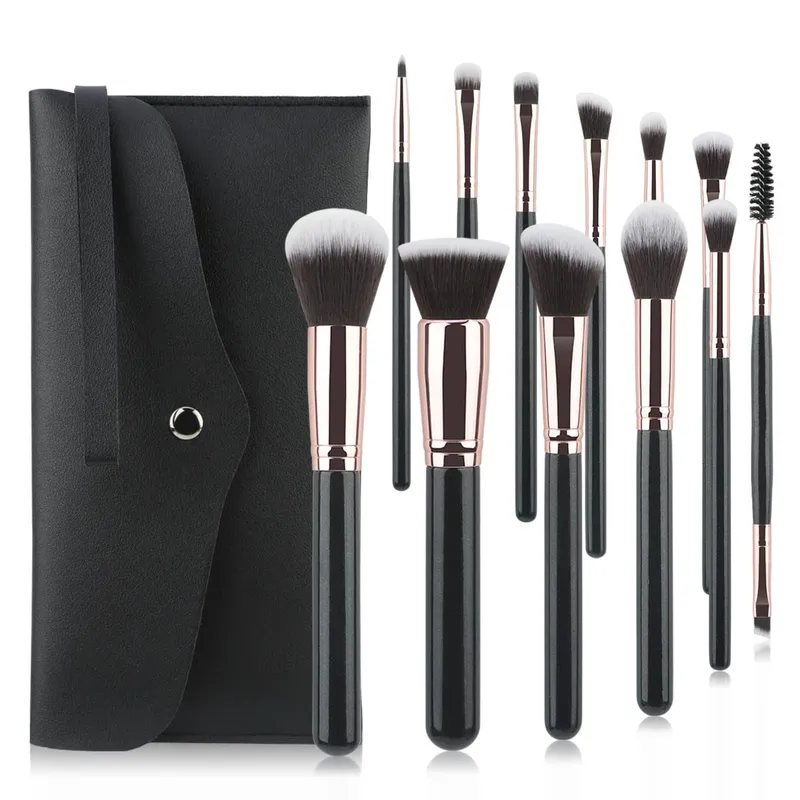 New 12pcs Black Cylinder Makeup Brush Set Black Gold Eyeshadow Brushes Multifunctional Makeup Tools