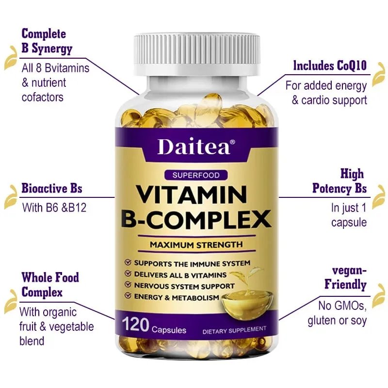Vitamin B-Complex Capsules - Energy Immune & Nervous System Support Relieve Stress Improve Digestion