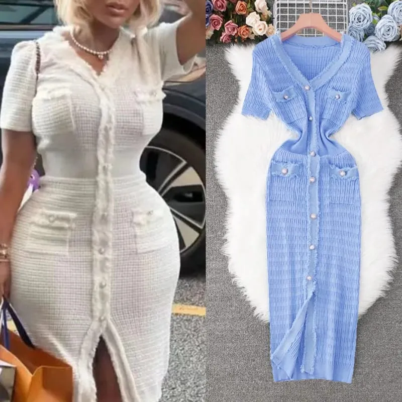 YuooMuoo 2026 New Arrival Women Knitted Long Dress Elegant V-neck Single-breasted Split Sweater Dress Office Lady Vestidos — image 3