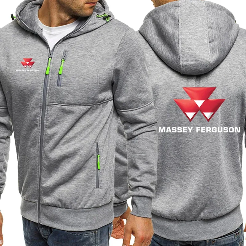 2025 Spring Autumn Massey Ferguson Print Popular Solid Color Zip Hooded Jacket Men's Trendy Comfortable Loose Drawstring Hoodies