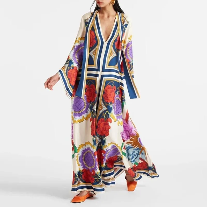 Ethnic ρετρό ανοιξιάτικο τύπωμα Boho μακρύ φόρεμα Γυναικείο σέξι όρθιο γιακά με κορδόνια φόρεμα φθινοπώρου μακρυμάνικο φαρδύ γυναικεία μάξι φορέματα