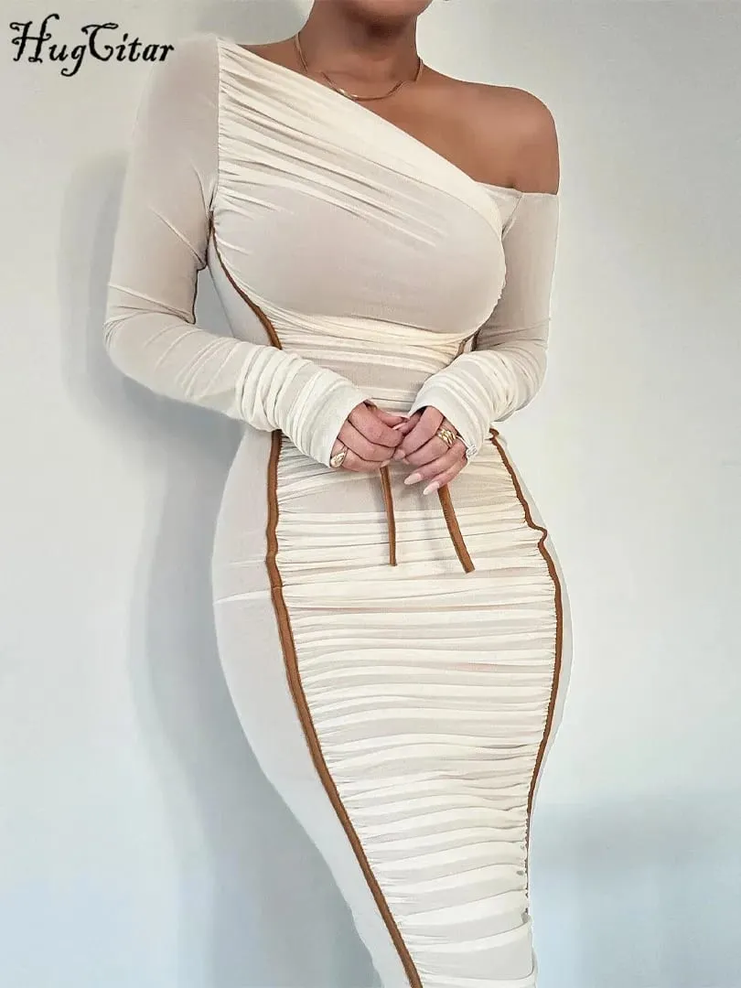 Hugcitar Mesh Pevný Diagonální límec Dlouhý rukáv Přehozený Sexy průsvitné bodycon Maxi šaty Letní móda Oblečení Festival Club