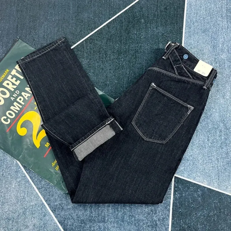 100% Cotton Back Paris buckle Spring Black Straight Jeans for Men American Retro Style Casual Japanese Slim Tapered Long Pants