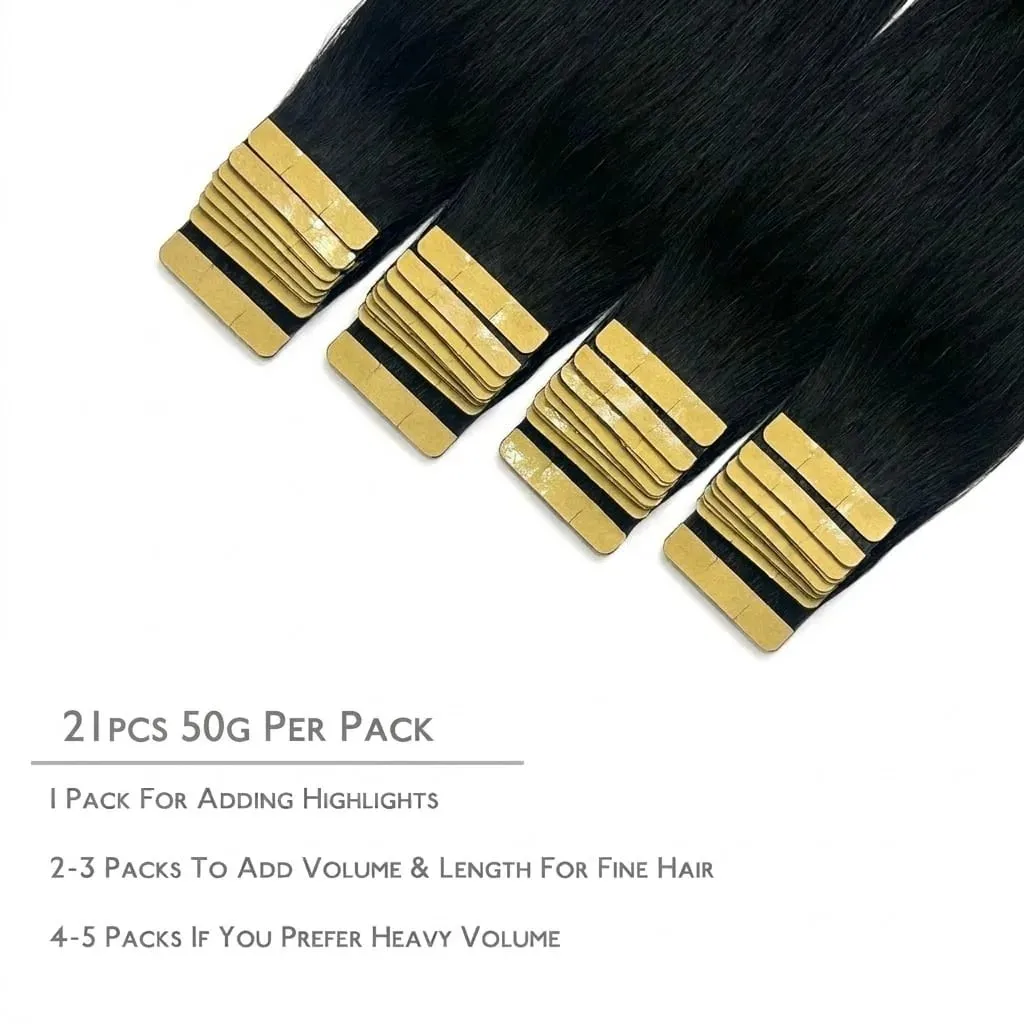 Tape In Real Human Hair Extensions Straight 18 24 Inch 1B Natural Black 50g/pack Color Invisible Seamless Skin PU Weft Tape Ins Extension For Women