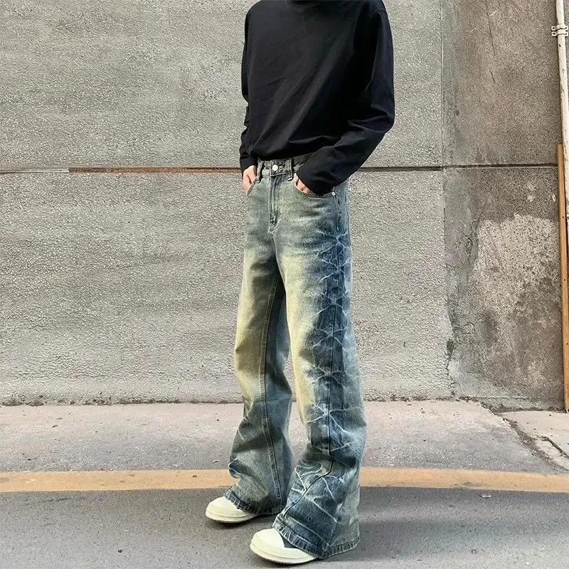 Men's Side Crease Design Straight Jeans Spring Street Sweatpants Boys Trousers Male High Waist Wide-leg Denim Pants