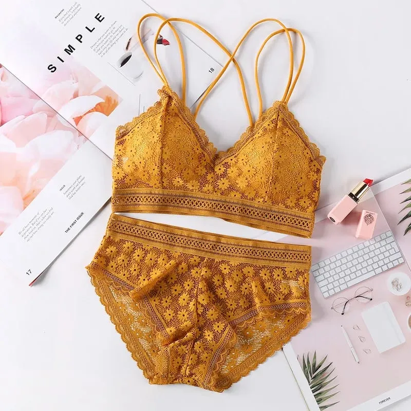 Lace Lingerie Set Cross Shoulder Strap Without Steel Ring Bra Women's Comfortable Support Underwear Fashionable Gathering Design — image 11